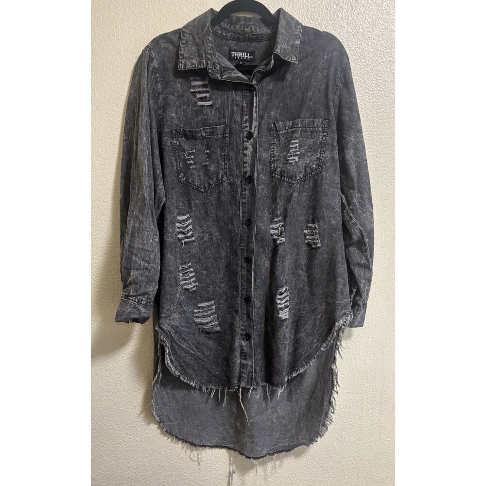 Thrill Jeans Distressed Button Up Shirt Acid Wash Plus Size 1X Grunge Punk Indie